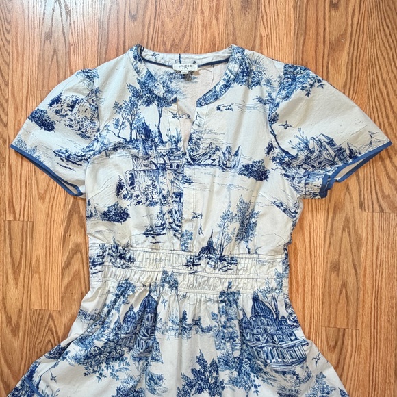 Blue White Toile Maxi Dress L Coastal Grandmother Cottagecore Tiered 100% Cotton - Picture 3 of 12